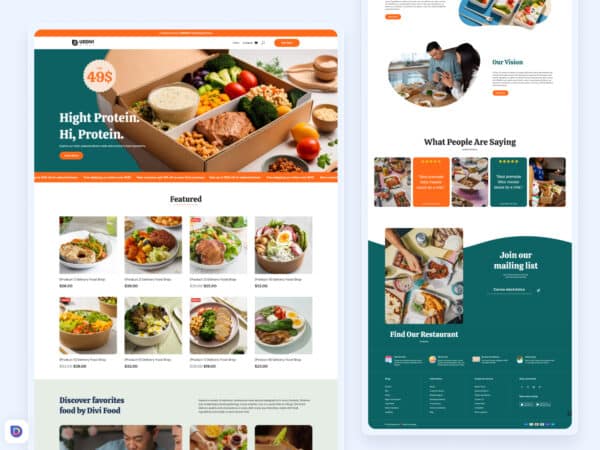 Crea una tienda online moderna para tu negocio de comida con esta plantilla Divi. Ideal para delivery o meal prep. 100% editable y responsive.