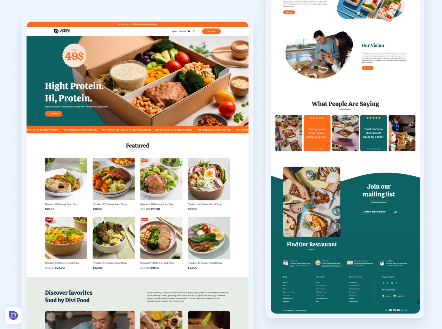 Crea una tienda online moderna para tu negocio de comida con esta plantilla Divi. Ideal para delivery o meal prep. 100% editable y responsive.