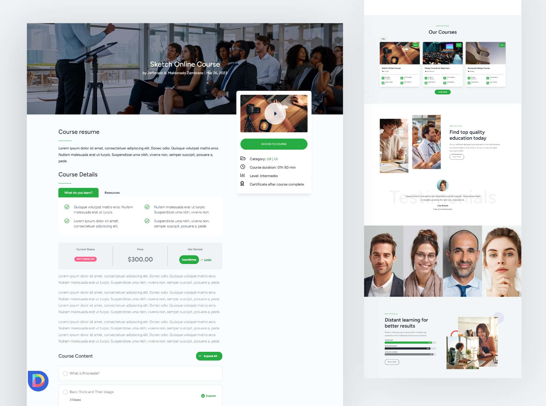 the eLearning Learndash courses Divi Template #2 - UXDivi Templates