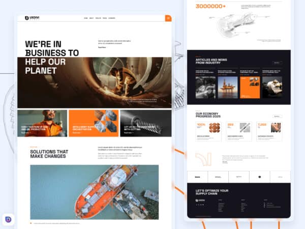 Landing page para empresa de manufactura hecha con Divi. Descarga esta plantilla industrial profesional, 100% responsive y fácil de personalizar. Empieza hoy.