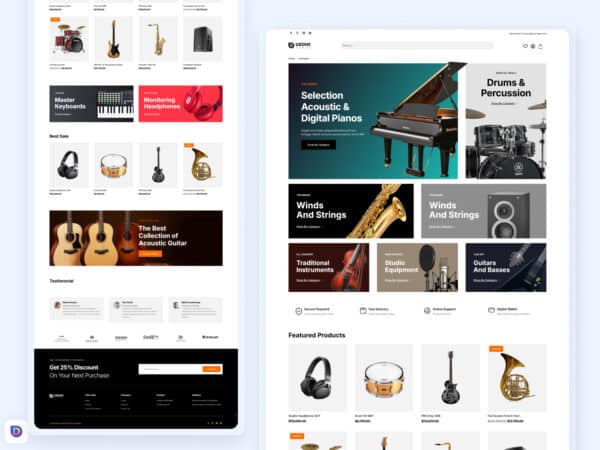 Landing Page Divi para tienda de instrumentos musicales. 100% responsive, editable y moderna. Destaca guitarras, pianos y más. Fácil de importar y personalizar. Music Shop Divi Landing page