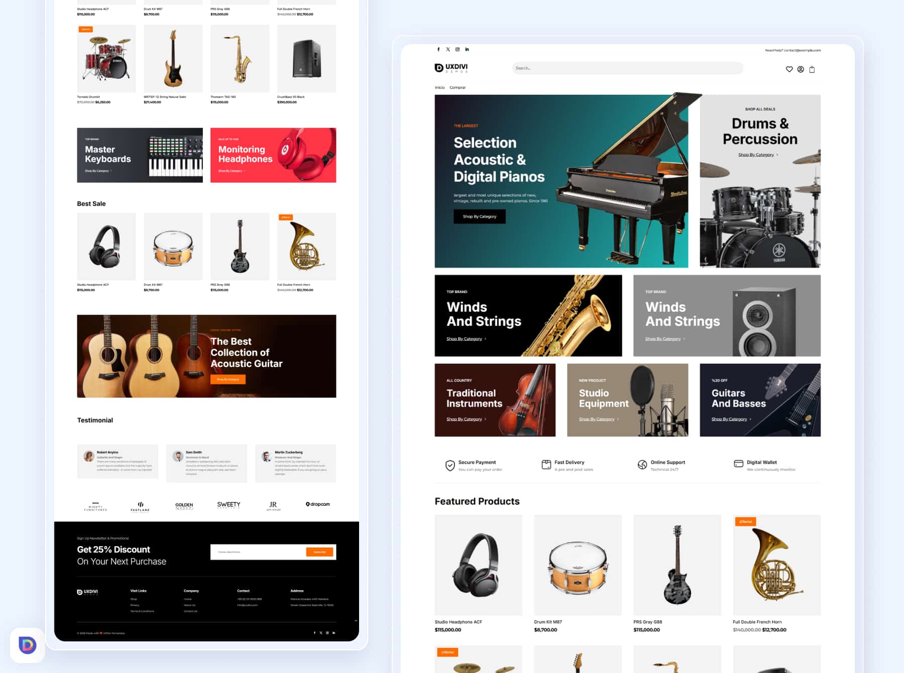 Landing Page Divi para tienda de instrumentos musicales. 100% responsive, editable y moderna. Destaca guitarras, pianos y más. Fácil de importar y personalizar. Music Shop Divi Landing page